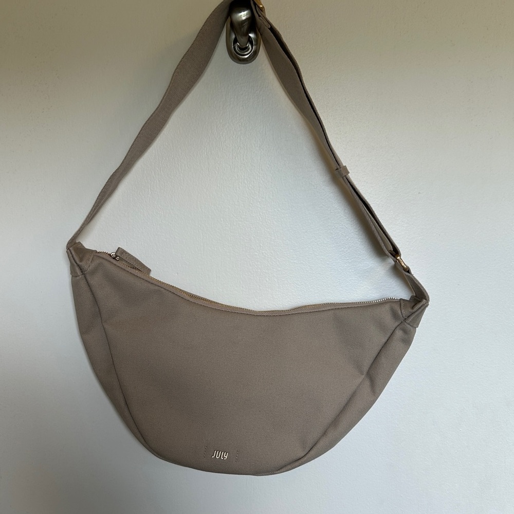 Classic Taupe Crescent Shoulder Bag with Adjustable Strap